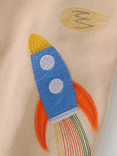 Blue rocket ship on Childrens Space Adventure T-Shirt, machine wash cold