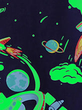 Children’s space adventure graphic t-shirt with neon planets, rockets. Machine wash cold