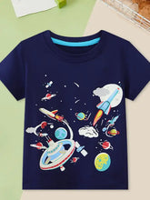 Navy blue childrens space adventure graphic t-shirt with rockets, planets, UFO. Machine wash cold