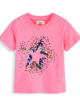 Pink round neck childrens tee with multi-colored sequins star