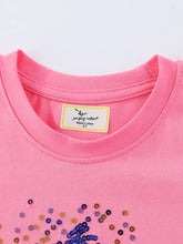 Pink cotton round neck childrens tee with multi-colored sequins butterfly