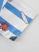Children’s round neck t-shirt with blue white striped crab surfboard print
