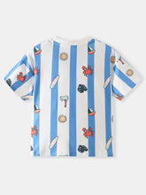 Children’s blue white striped round neck T-shirt with tropical crab print