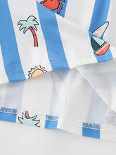 Blue and white striped round neck childrens t-shirt with cartoon palm prints