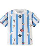 Blue and white striped round neck kids t-shirt with tropical print