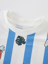 Children’s white light blue striped round neck t-shirt with tropical cartoon print