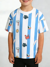 Children’s round neck t-shirt with light blue stripes and tropical print