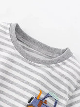 Gray white striped toddler t-shirt with colorful tractor applique