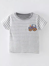 Gray white striped toddler t-shirt with colorful tractor applique