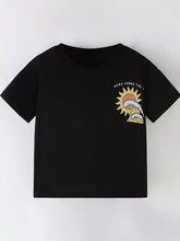 Children’s black short-sleeve t-shirt with yellow orange sun wave graphic