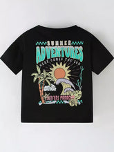 Black short-sleeved t-shirt featuring a vibrant tropical graphic with palm trees, waves, and the text ’summer adventures’ in teal and pink.