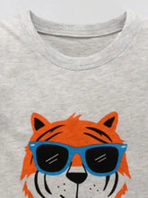 Children’s gray heathered tiger graphic t-shirt with orange tiger in blue sunglasses