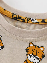 Children’s tiger print crew neck t-shirt with playful orange black tiger face, machine wash cold