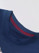 Navy blue tornado graphic t-shirt with red trim, machine wash cold