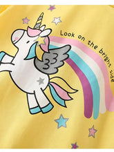 Yellow childrens unicorn graphic ruffle hem t-shirt, machine wash cold