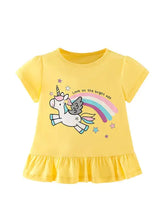 Yellow ruffle hem toddler t-shirt with unicorn graphic, machine wash cold