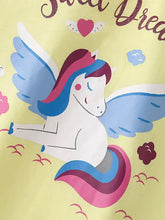 Children’s unicorn graphic ruffle short sleeve t-shirt on pale yellow fabric