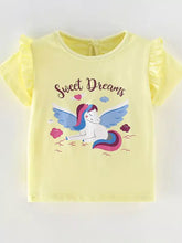Children’s unicorn graphic ruffle short sleeve t-shirt, pale yellow