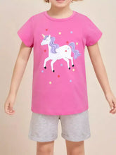 Pink unicorn graphic short sleeve t-shirt with polka dots