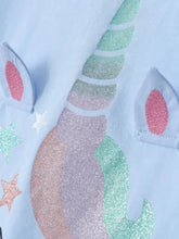 Light blue unicorn t-shirt with glittery rainbow horn, fabric ears, star accents
