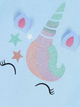 Children’s pastel blue unicorn t-shirt with glittery rainbow horn, fabric ears, stars