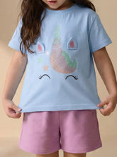Light blue unicorn t-shirt with fabric ears, glittery horn, stars for kids