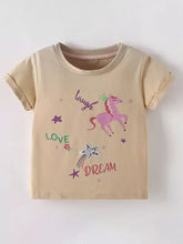 Children’s beige unicorn t-shirt with sequin star, pink crowned unicorn, laugh love dream print