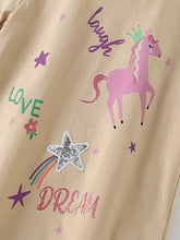 Children’s beige unicorn nightgown with pink sequin star, sparkly love laugh dream print