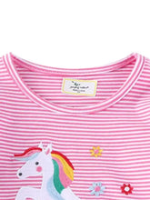Children’s unicorn ruffle sleeve striped T-shirt, pink white, embroidered unicorn