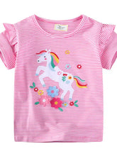Children’s unicorn ruffle sleeve striped t-shirt with embroidered unicorn