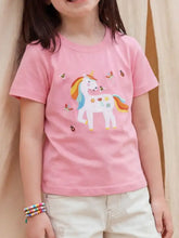 Children’s unicorn short sleeve t-shirt with pink embroidered unicorn, rainbow mane, butterflies. Machine wash cold, tumble dry low