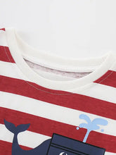 Children’s whale print red white striped t-shirt, machine wash cold
