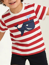 Children’s whale print striped t-shirt, red white, navy smiling whale pocket. Machine wash cold, tumble dry low