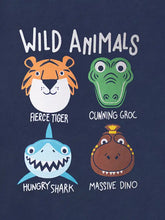 Navy blue childrens wild animals crew neck t-shirt with cartoon faces
