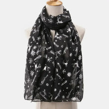 Black Christmas Element Polyester Scarf with Silver Reindeer and Snowflakes