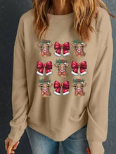 Beige long-sleeved christmas heifer bow knot print casual sweatshirt with festive cartoon cows in santa hats and red bows