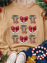 Beige christmas heifer bow knot print casual sweatshirt with cartoon cows in santa hats and red bows with gold buckles
