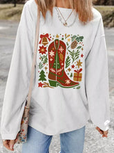 White corduroy christmas leafy boot printed corded rib sweatshirt with long sleeve length and machine wash care instructions
