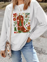 White corduroy Christmas leafy boot printed corded rib sweatshirt with long sleeve length and tumble dry care instructions
