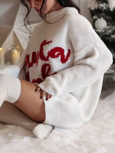 White Christmas letter oversized sweater dress with red cursive lettering
