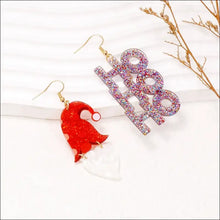 Plastic mismatched Christmas earrings with Santa hat and Ho Ho Ho dangles