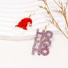 Plastic mismatched earrings with Santa hat and stacked HO HO HO dangles