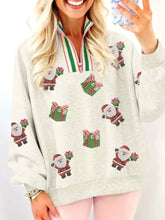 Heather gray cotton sweatshirt with festive santa and gift box appliqués, machine wash cold recommended