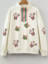 Cream-colored christmas striped patchwork zip neck sequined santa gift sweatshirt with green pink trim machine wash cold