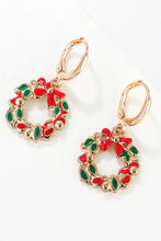 Christmas theme alloy earrings with gold wreath, red green leaves, Santa charms