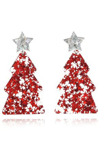 Red glitter Christmas tree acrylic earrings with silver stars and sequins