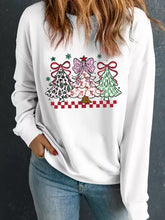 White long-sleeved holiday sweatshirt with festive christmas tree graphic, slightly stretchy and machine wash cold safe