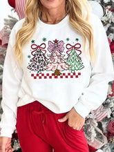 White holiday sweatshirt with three illustrated Christmas trees bows stars made of soft cotton blend slightly stretchy machine wash cold
