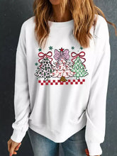 White holiday sweatshirt with colorful decorated Christmas trees graphic, slightly stretchy and machine wash cold safe