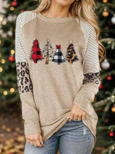Beige graphic striped long sleeve sweatshirt with Christmas tree graphic